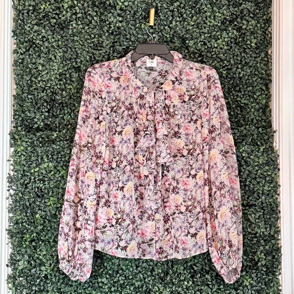 CAbi Tops - CAbi Pink Floral Ruffle-Front Long Sleeve Blouse